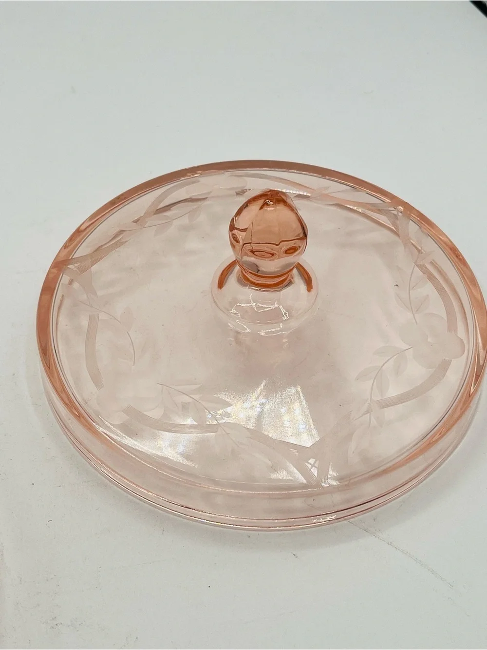 Peach Pink Pressed Glass Covered Trinket Dish